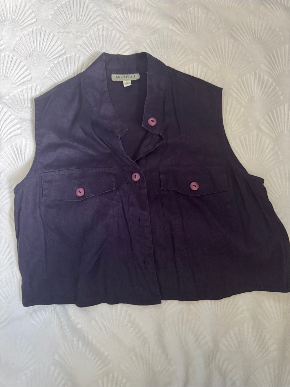Ann Taylor Deep Purple Sleeveless Button-Front Utility Blouse